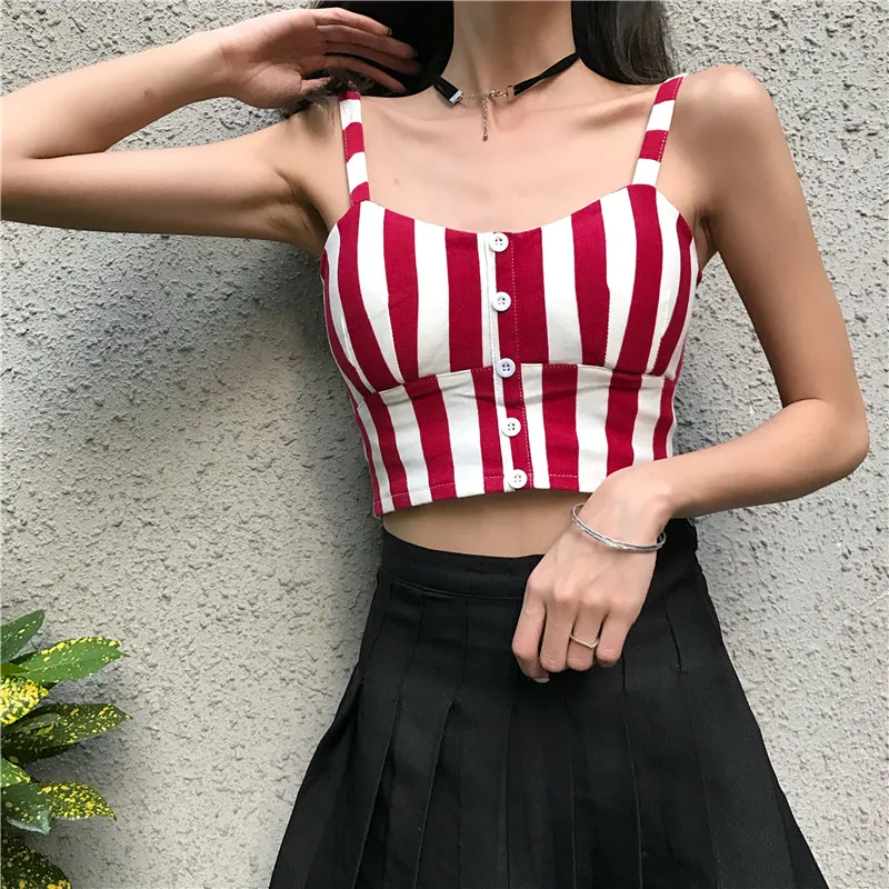 

GGRIGHT Striped Crop Top Women Camis Halter Top Women Camisole Sexy Sleeveless Slim Low Chest Button tank tops women summer 2019