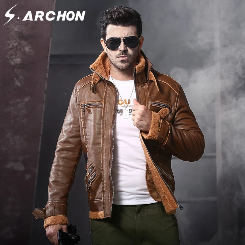 S.ARCHON Winter Thicken Military PU Leather Jackets Men Stand Collar Fleece Tactical Jacket Male