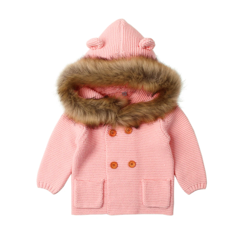 Осенне-зимнее теплое пальто для маленьких девочек вязаный свитер для маленьких мальчиков пальто-кардиган однотонная верхняя одежда с капюшоном и длинными рукавами на пуговицах