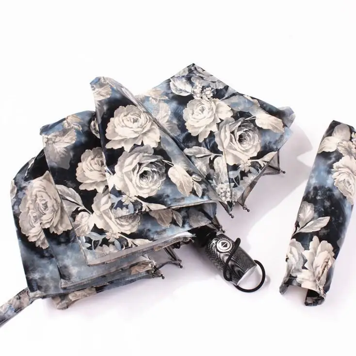 

2016 New Personality Peony Oil Painting Umbrella Rain Sun Full Automatic UV Three Folding Umbrellas Cheap Sale for Women and Men
