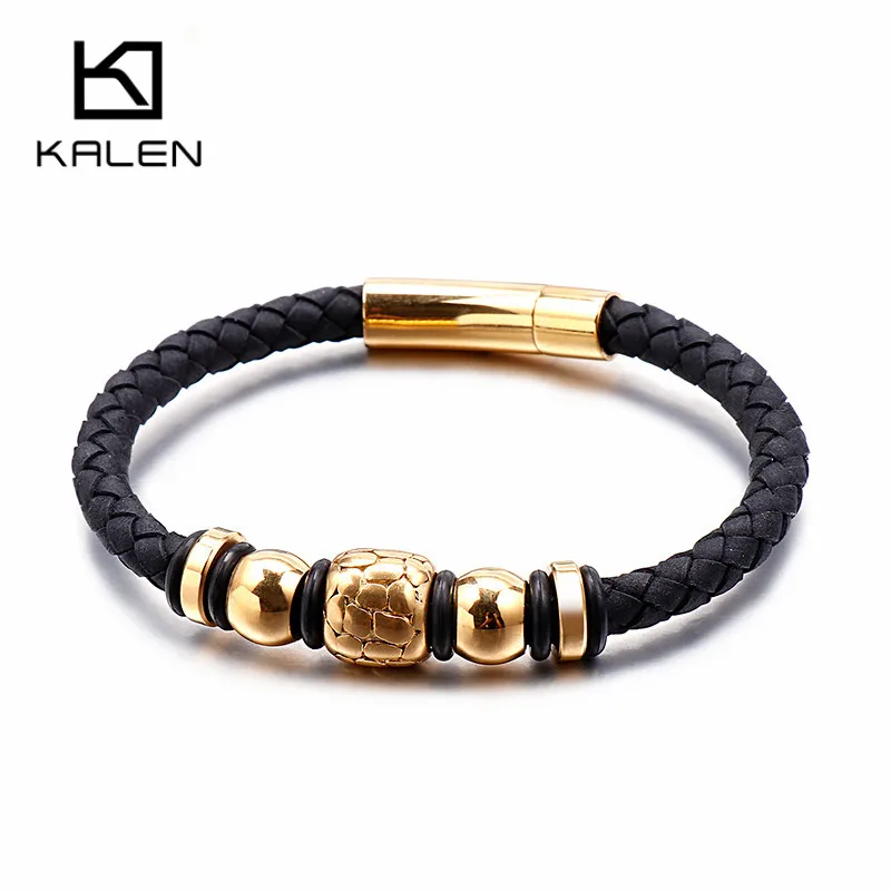 

KALEN Boho Genuine Braied Leather Wrap Bracelet Men 21.5cm Stainless Steel Gold Silver Black Beads Charm Wristband Male Jewelry