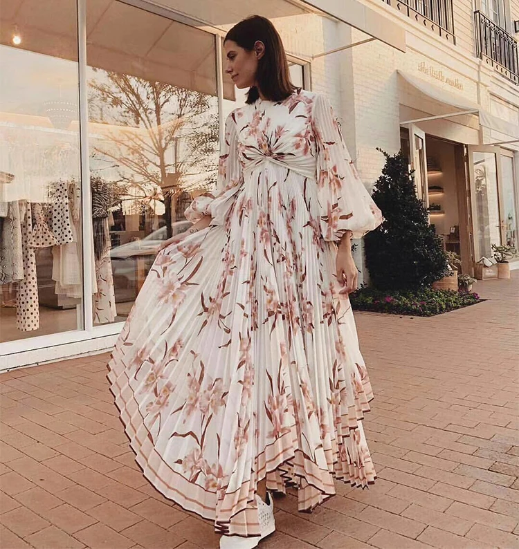 

high quality 2019 summer new women flower prints long pleated dress