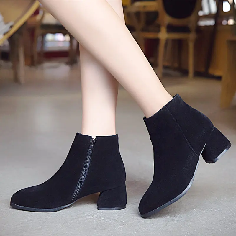

Women's Flock Ankle Boots Hoof Heels Bootie Zip Pointed Toe Winter Fashion Ladies Shoes Beige Gray Black Drop Shipping