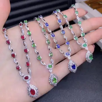 

elegant green emerald red ruby blue sapphire green tsavorite gemstone necklace women fine jewelry 925 silver real natural gift