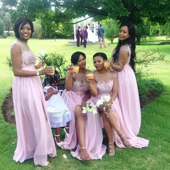 

Holievery Sheer Jewel Neck Chiffon Long Bridesmaid Dresses with Lace Pink Split Party Dress for Wedding vestidos de madrinha