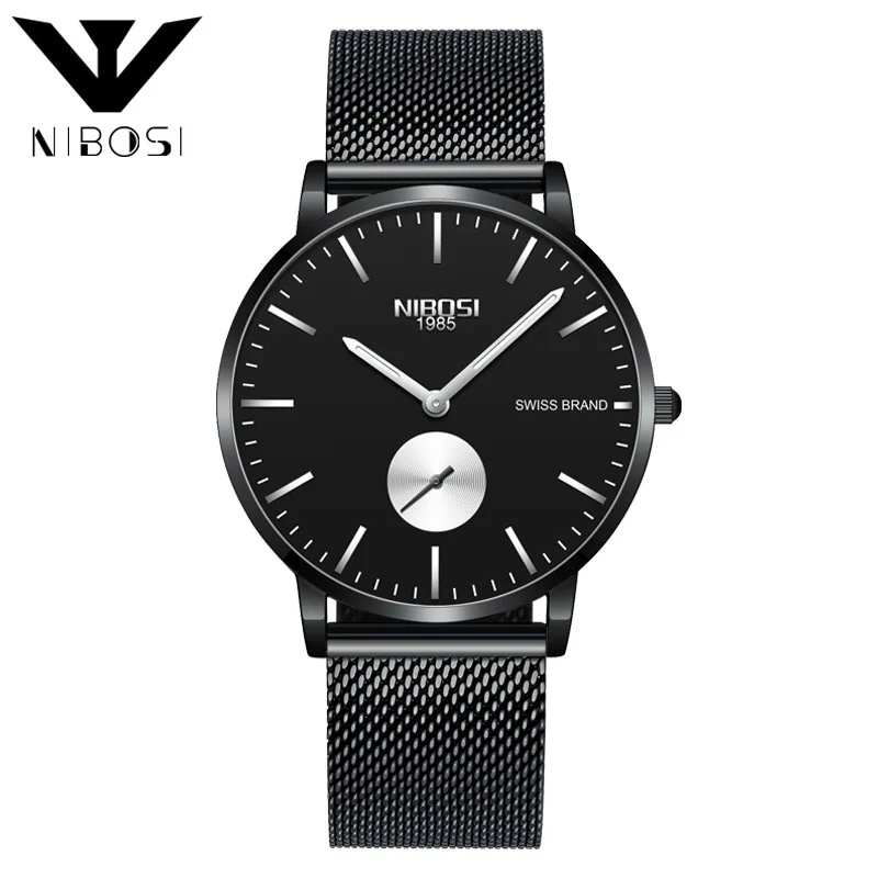 NIBOSI мужские спортивные часы Топ бренд класса люкс ультра тонкие повседневные водонепроницаемые часы Кварцевые полностью стальные мужские часы Relogio Masculino - Цвет: Black Silver