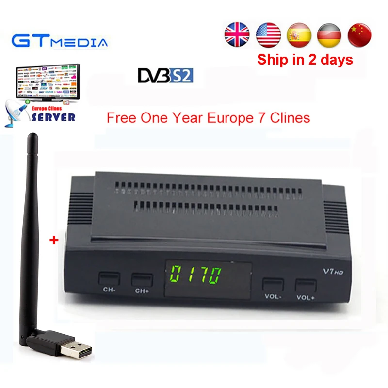 

GTmedia V7 HD satellite receiver DVB-S2 Digital tv decoder+Cline for 1 year europe with USB WIFI Support Biss key Newcam Youporn