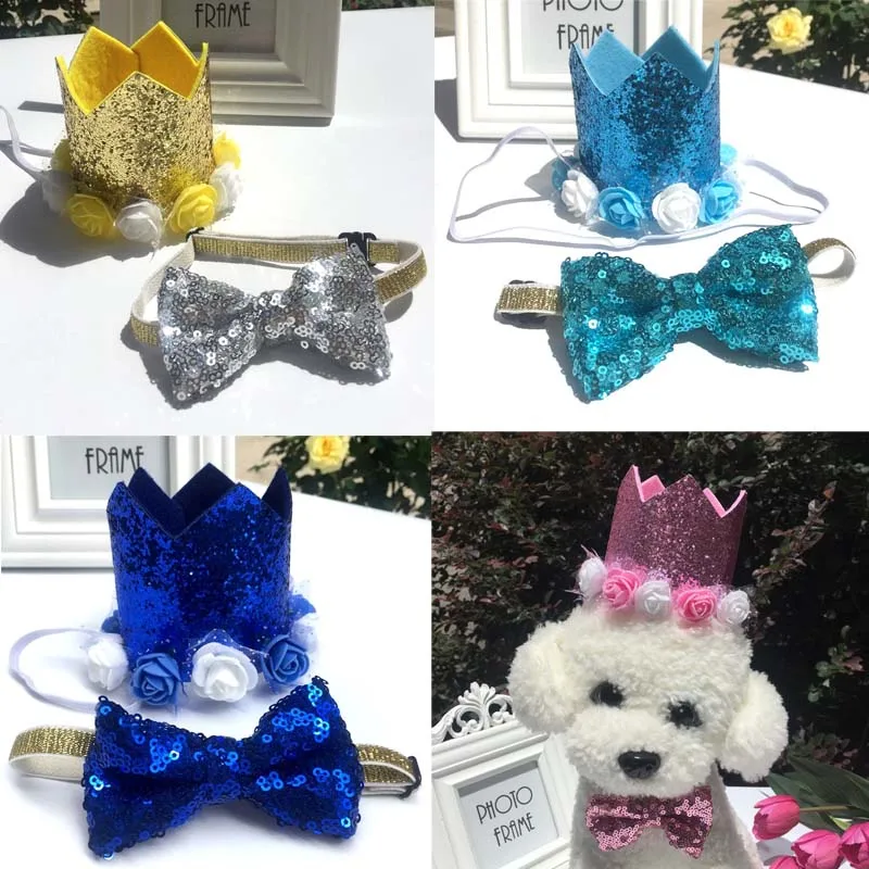 

Crown Flower Sequins Puppet Dog Cat Birthday Hat Bow Tie For Kids Boys Girls Party Hats Ties Party Favor Decor Supplies