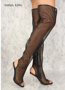 

Hot Sexy Transparent Square Heels Over the Knee Boots Zipper Stilettos Spring Autumn High Heels Boots Evening Party Women Shoes