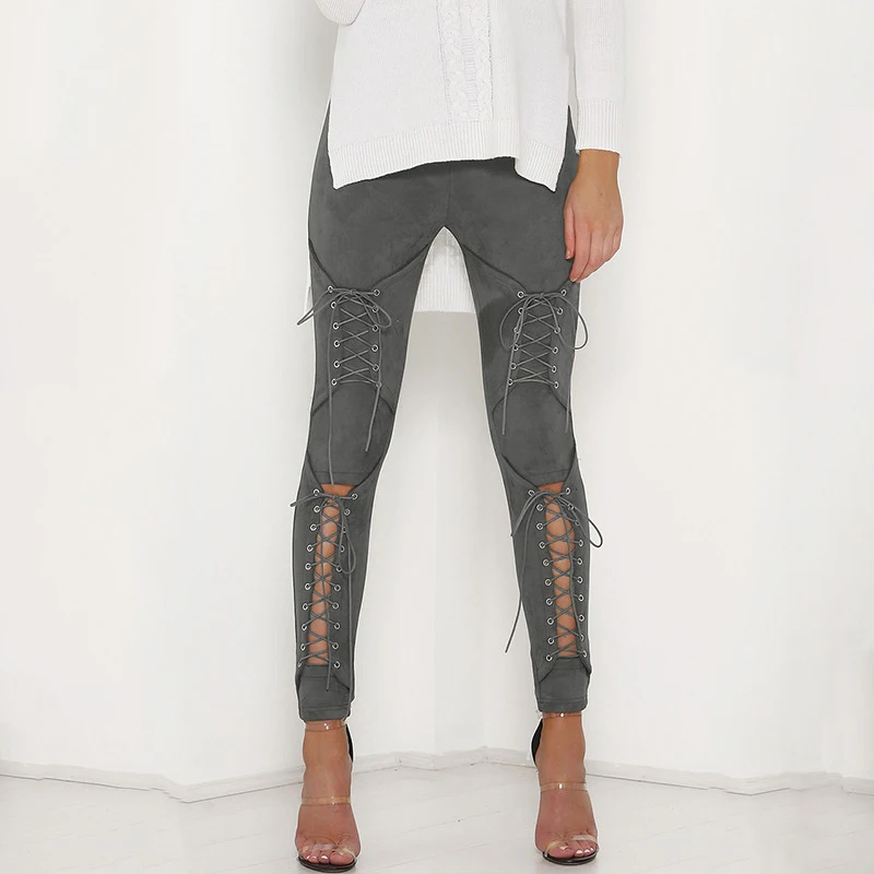 Новые женские замшевые кожаные брюки-карандаш на шнуровке с вырезами, модные брюки для женщин, сексуальные обтягивающие леггинсы, штаны на шнуровке