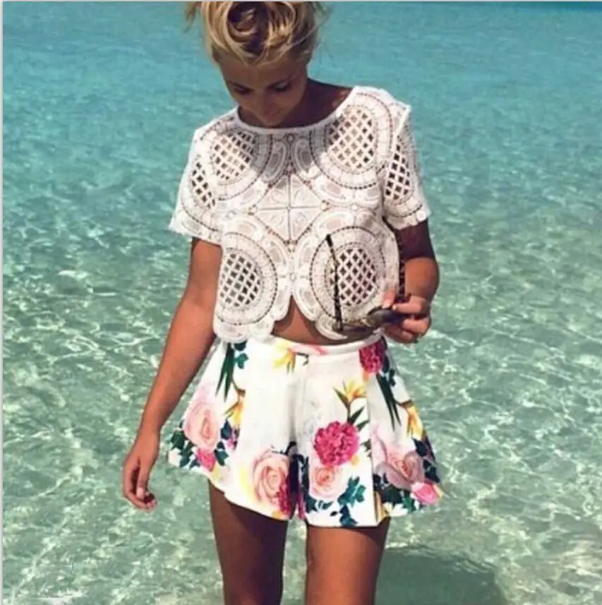 

Style Number T058 sexy short sleeve hollow out white lace crop top