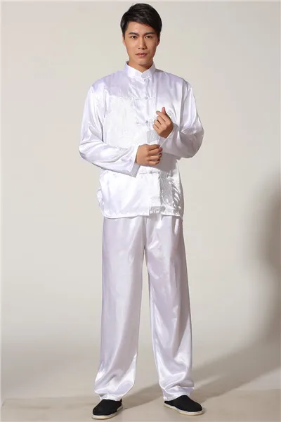 Новинка черный мужской вышитый дракон Кунг фу костюм Китайский Мужской Атласный Тай Чи униформа одежда S M L XL XXL M051-3 - Цвет: White