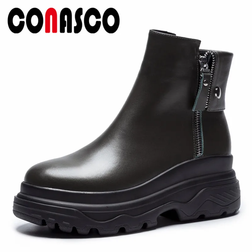 

CONASCO Punk Women Motorcycle Boots Zipper Round Toe Platforms Shoes Woman Night Club Martin Boots Sexy New Ankle Boots