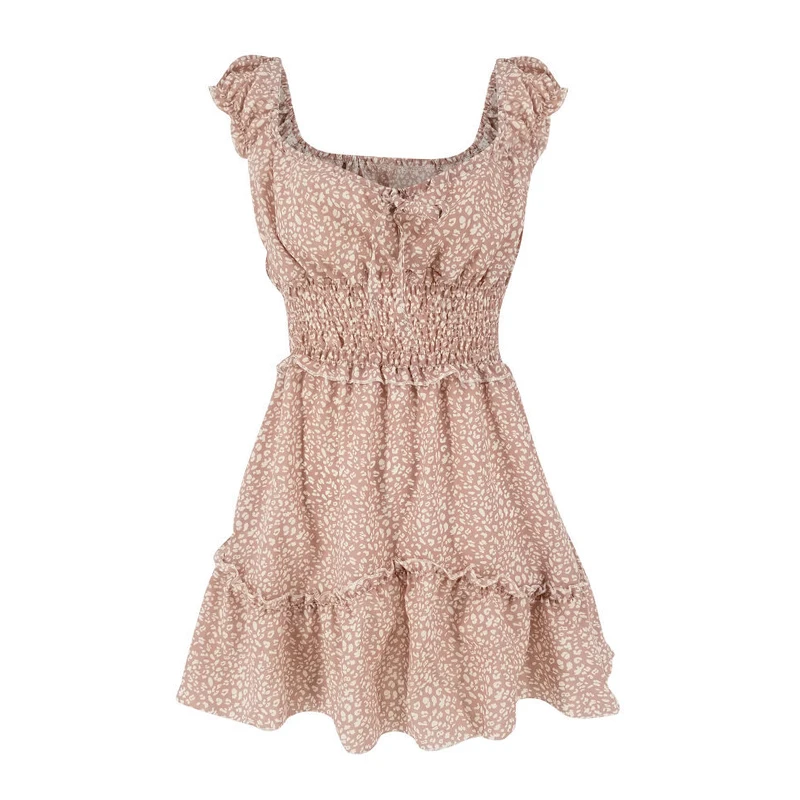BBYES Holiday Beach Short Sleeve Slim-fit Waist Dress Women Sundress Boho Floral Ruffle Summer Short Mini Dress Plus Size S-XL