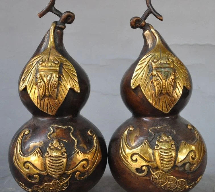 

9" china fengshui bronze wealth lucky coin Bat Insect Gourd Calabash Statue pair