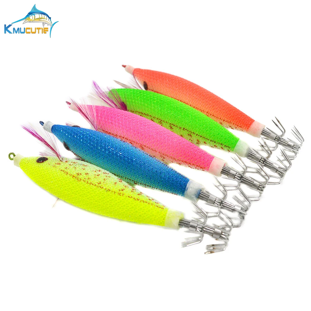 

5PCS 10cm 3D eyes squid hook 5 colors luminous squid jigs artificial wood shrimp octopus fishing lures