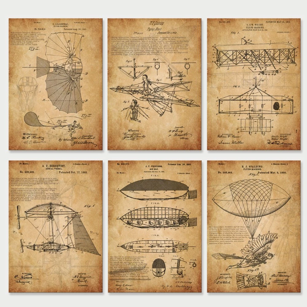 Vintage monocycle Vintage submarine Early flight patent 3 Print Set STEAMPUNK COLLECTION Unicycle Antique flying machine
