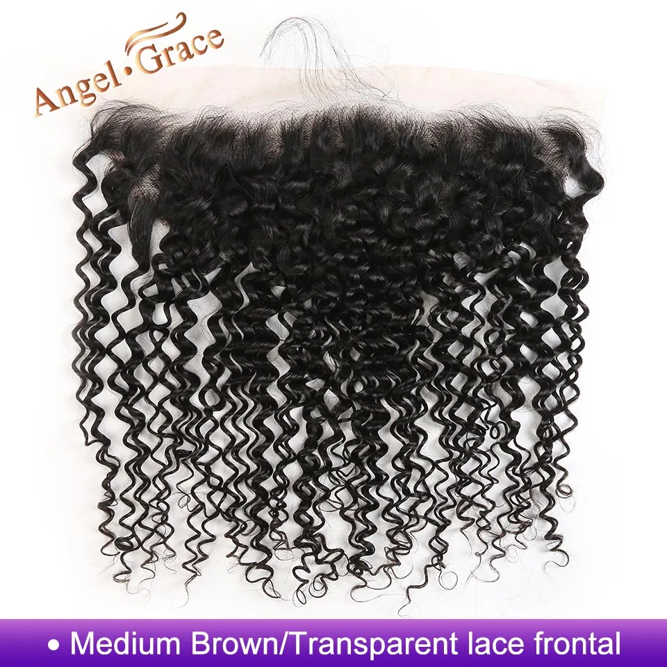Angel Grace волосы малазийские кудрявые вьющиеся волосы фронтальные Средний коричневый/прозрачный кружевной фронтальный 100% Remy человеческие