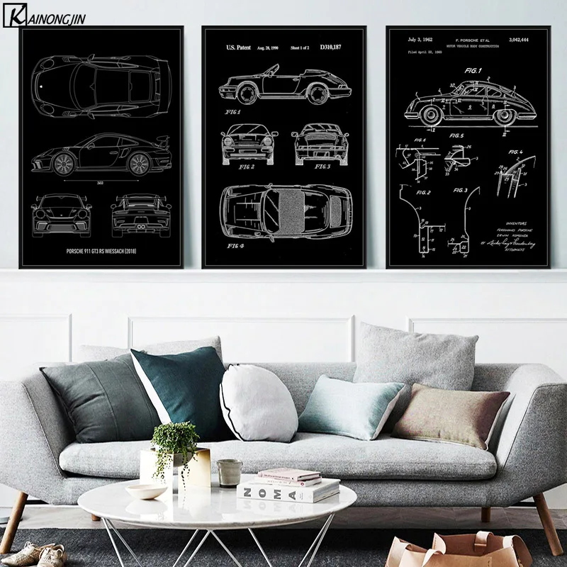 

New 1962 Patent Blueprint Modern 911 Car Poster Wall Art Picture Posters and Prints Canvas Painting for Room Home Decor