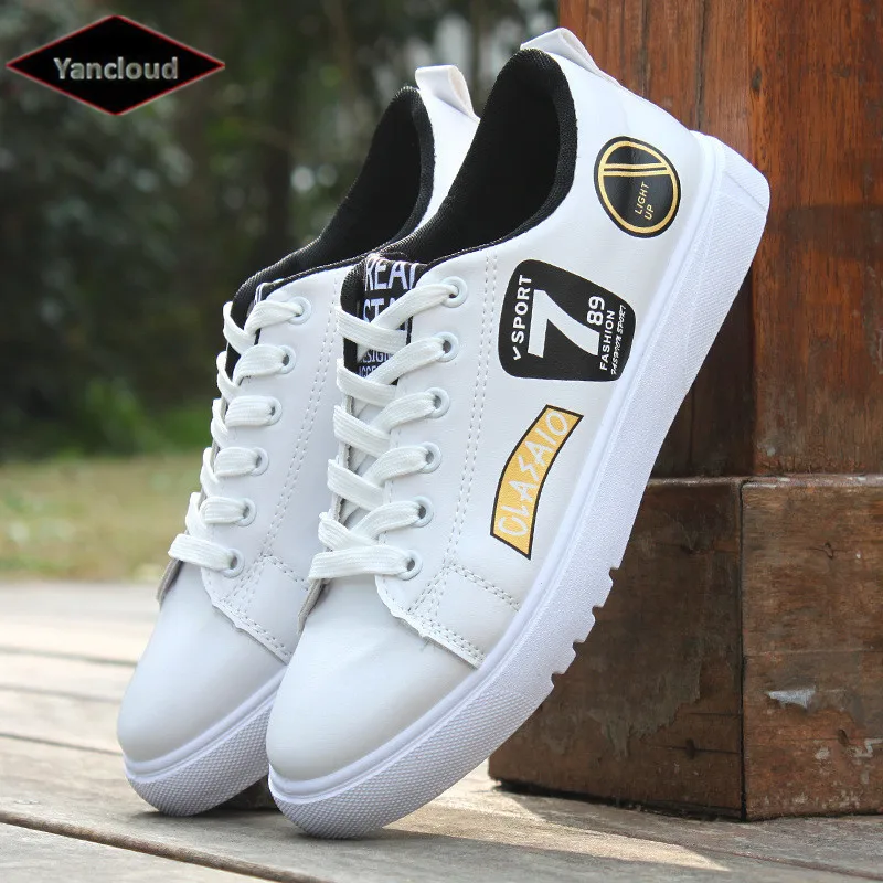 

New 2018 Spring Autumn Men's White Casual Shoes Korea style 7 Printed Lace up Outdoor Footwear Man Skate shoe