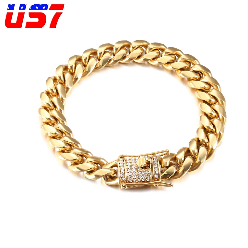 

US7 Rock Hip Hop Miami Cuban Rapper Men Bracelets Gold Crystal Paved Rhinestones CZ Link Chain Bracelet Male Jewelry Gift