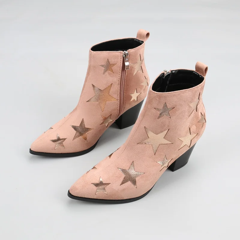 

MoBeiNi High-heeled suede color matching five-pointed star pointed Martin boots side zipper thick with women's boots girls shoes