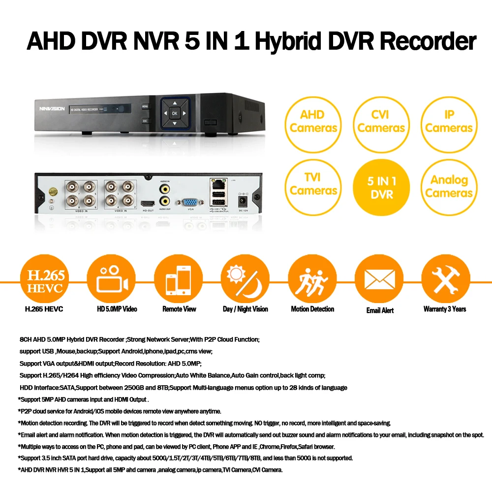  HKIXDISTE 8CH 5MP Ultra HD CCTV Camera System 5 IN 1 H.265+ DVR And 8PCS 5MP AHD indoor White Home  - 33061362768