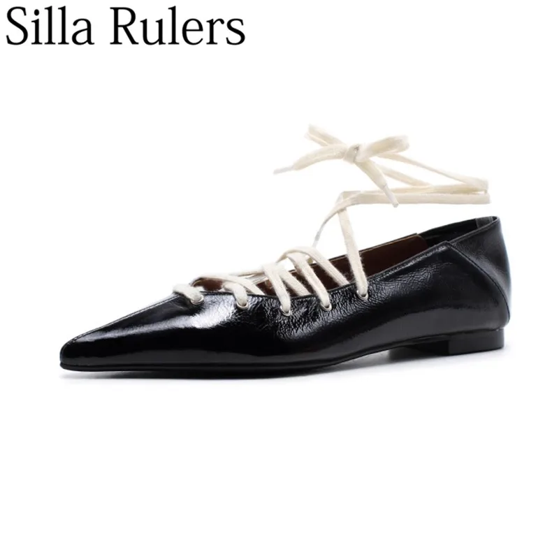 

Silla Rulers Sexy Pointed Toe Cross Tied Flat Shoes Woman Crumpled Lacquer Women's Shoes Mules ladies shoes zapatos mujer 2018