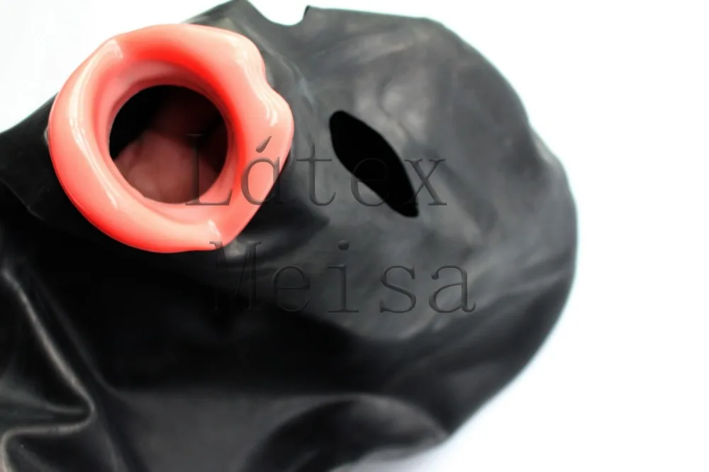 

Adult's exotic latex hoods attached red soft lips and open eyes in black color