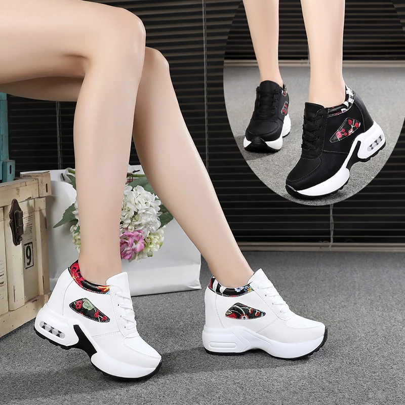 

2019 Women Autumn Casual Platform Shoes Fashion High Heels Woman Wedges Sneakers Shoes 10CM Heigh Increasing Outdoor White Shoes