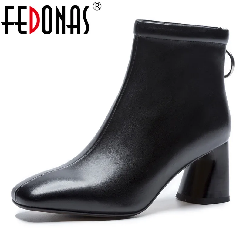 

FEDONAS Basic Boots Women Genuine Leather High Heels Ankle Boots Square Toe Fashion Party Club Office Pumps Ladies Short Boots
