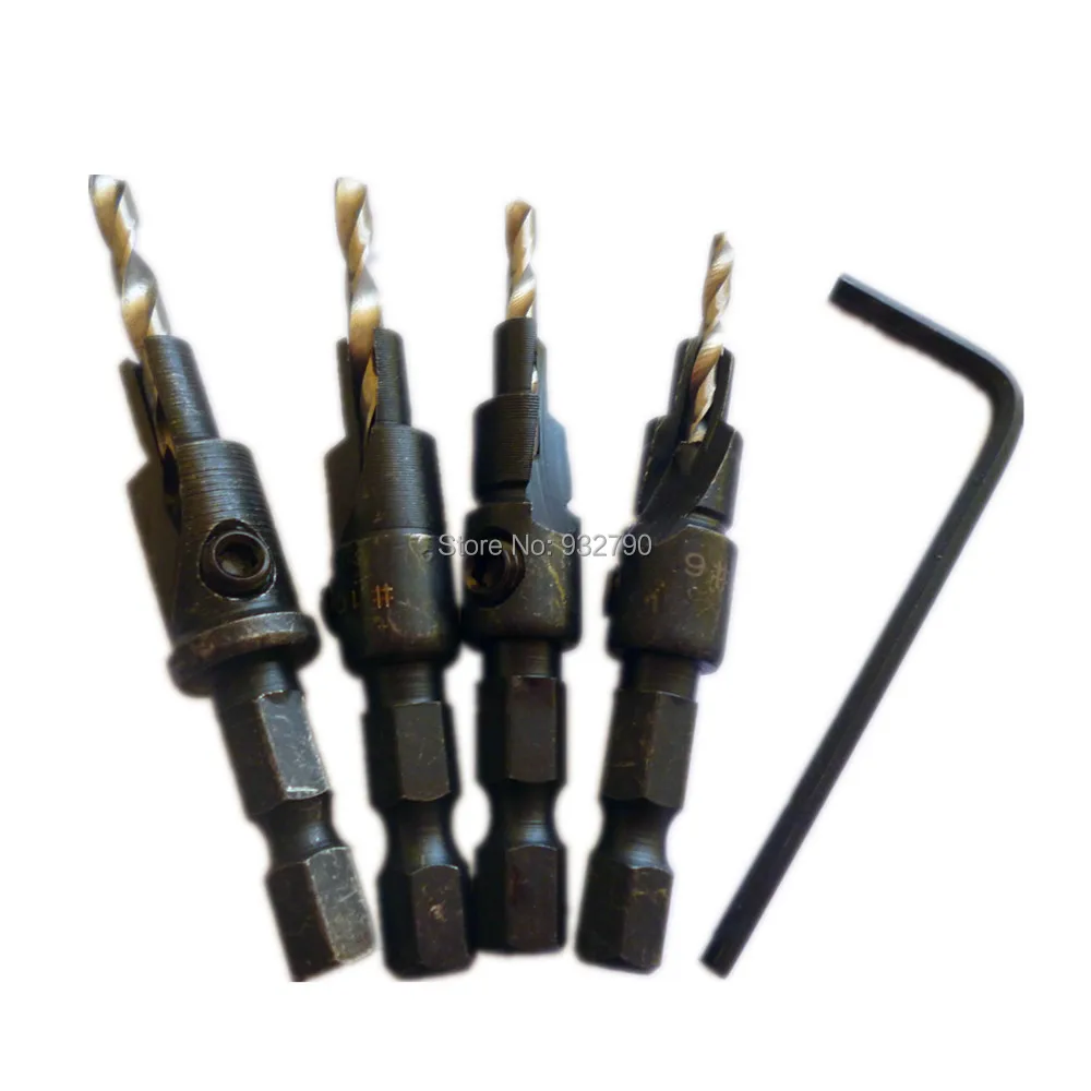 5pcs Countersink Drill Bit Set W/ Quick Change Screw Reamer 1/4 Hex Shank Wood Countersunk Head Drilling Screw Size #6 ,8,10&12
