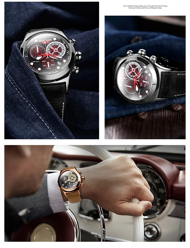 Риф Тигр/RT светящиеся мужские спортивные часы из натуральной кожи ремешок сталь Часы Хронограф RGA782
