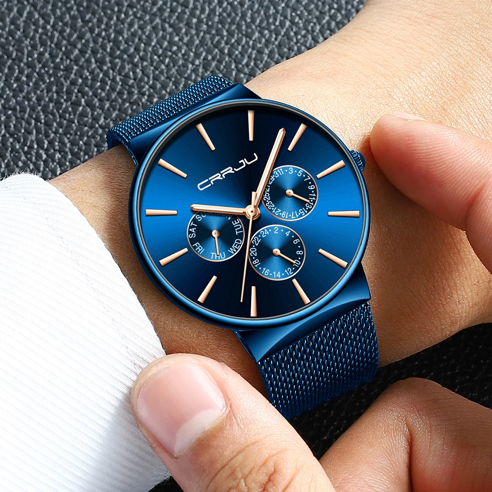 Reloj hombre CRRJU мужские синие часы с хронографом ультра тонкие модные наручные для