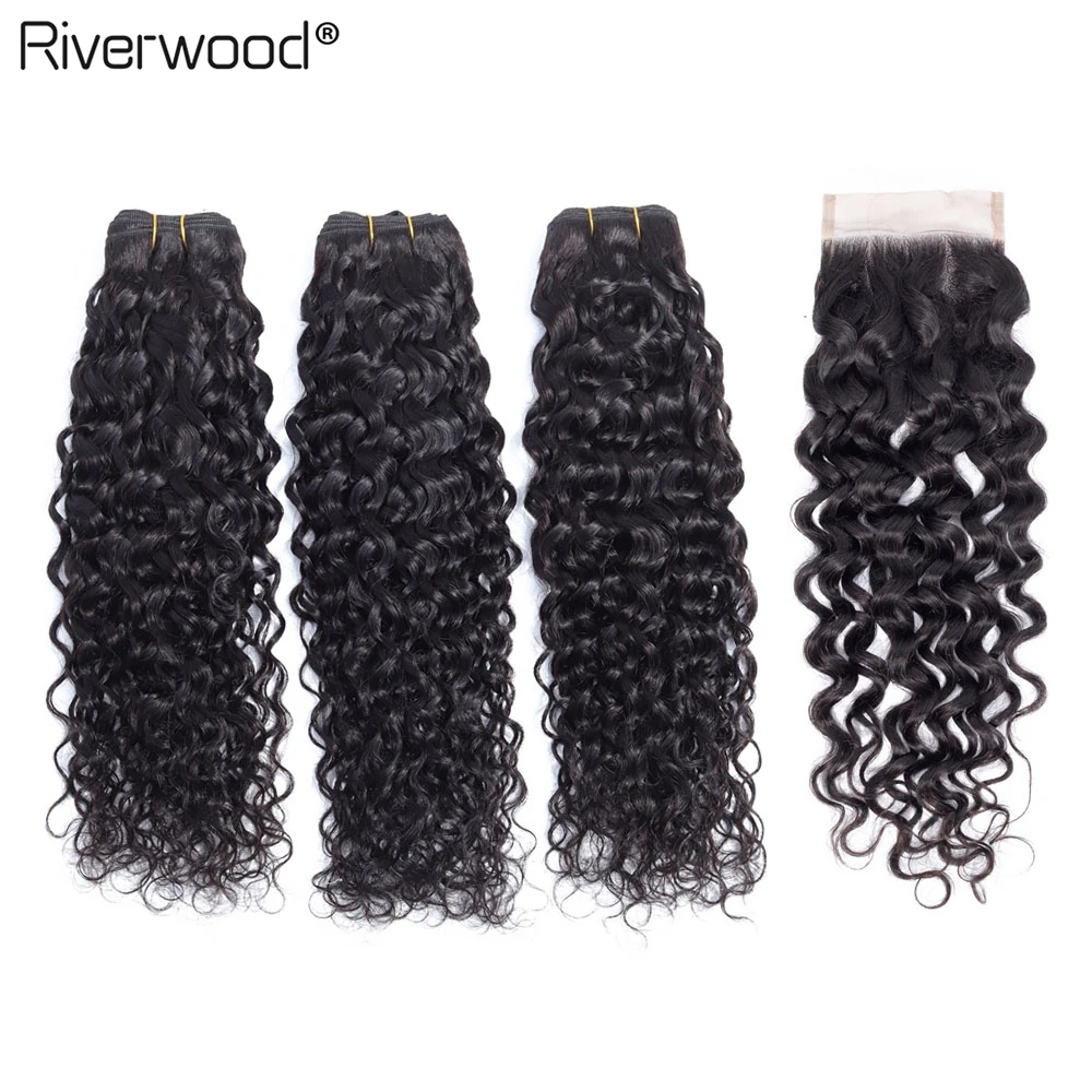 Water Wave Bundles With Closure 100% Remy Human Hair 3 4*4 Lace Riverwood Brazilian Weave | Шиньоны и парики