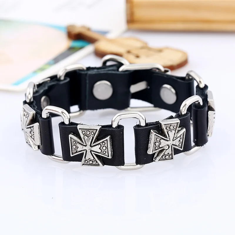 

Europe And The United States Retro Fashion Leather Bracelet Punk Alloy Cross Men's Leather Hand Rope Trend Wild Personality