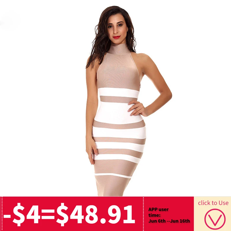

2019 New Summer Hot Stylish Halter Bandage Dress Striped Lady Style Temperament perspective Bandage Slim Celebrity Party Dress