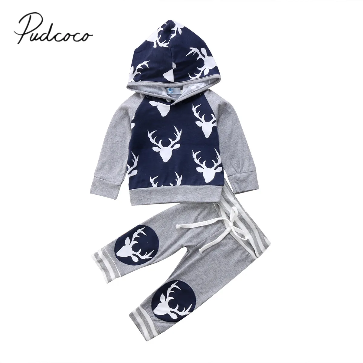 

2017 Brand New Newborn Toddler Infant Baby Boys Deer Hooded Tops Sweater Pants Leggings Outfit 2Pcs Set Spring Fall Clothes