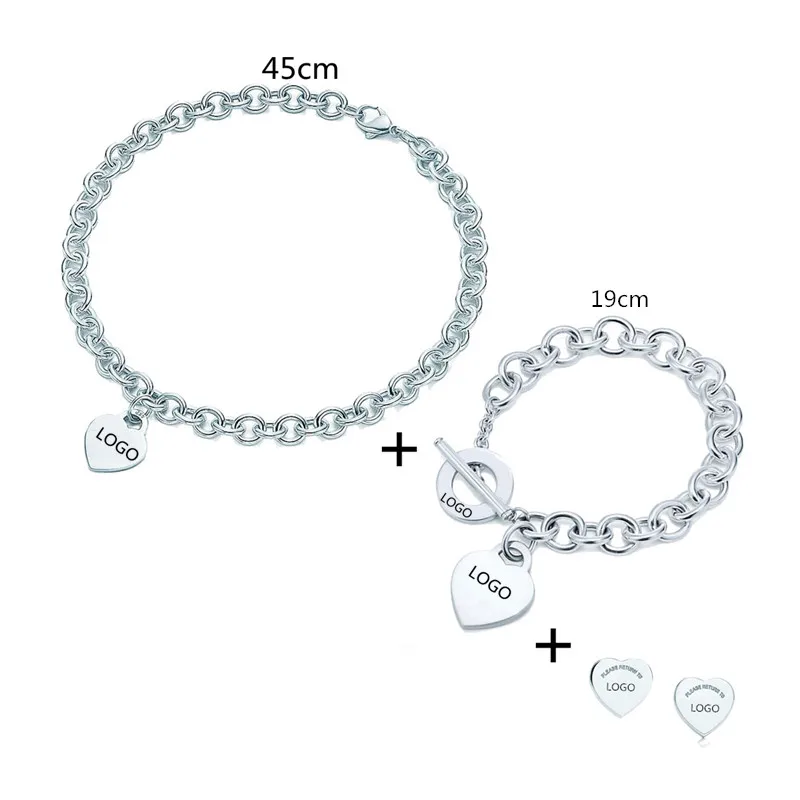 

1:1 sterling silver 925 original fashion ladies heart-shaped necklace exquisite three-piece jewelry holiday gift