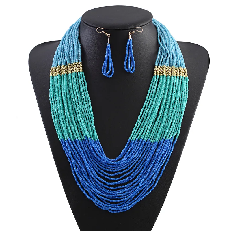 

Bohe Bohemian Handmade Strand Beads Necklaces Earrings Set Multi Layer Ancient Necklace Ethnic Jewelry Sets for Women