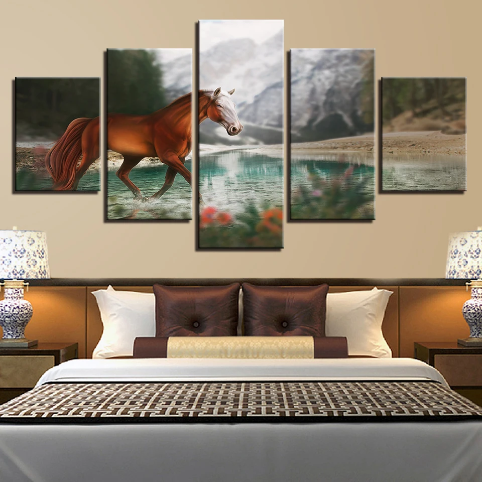 

Wall Art Canvas Pictures Frame 5 Pieces Horse Painting For Living Room HD Printed Snow Mountain River Natural Poster Home Decor