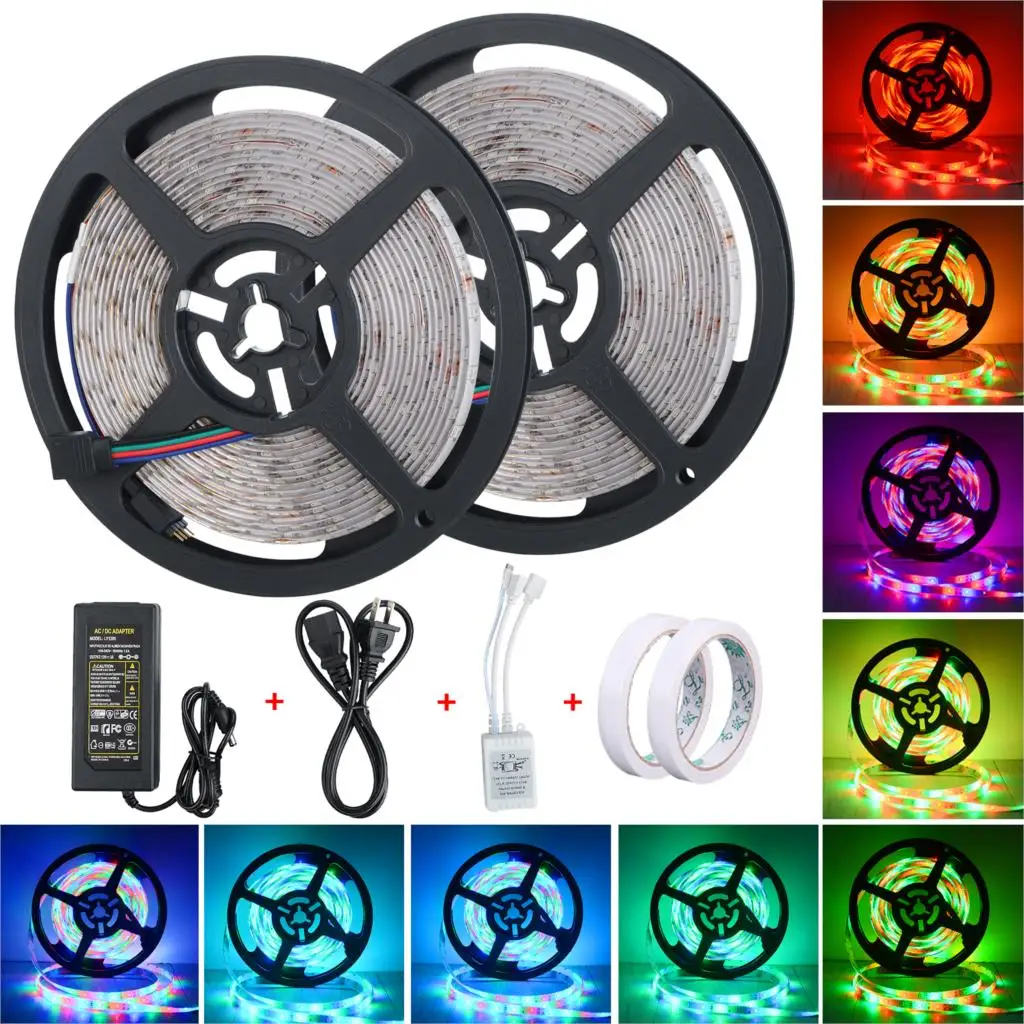 

10M 3528 Waterproof LED Strip RGB Light 60LEDs/M Flexible Ledstrip for Decoration Remote Controller 12V 5A Power US/UK Plug