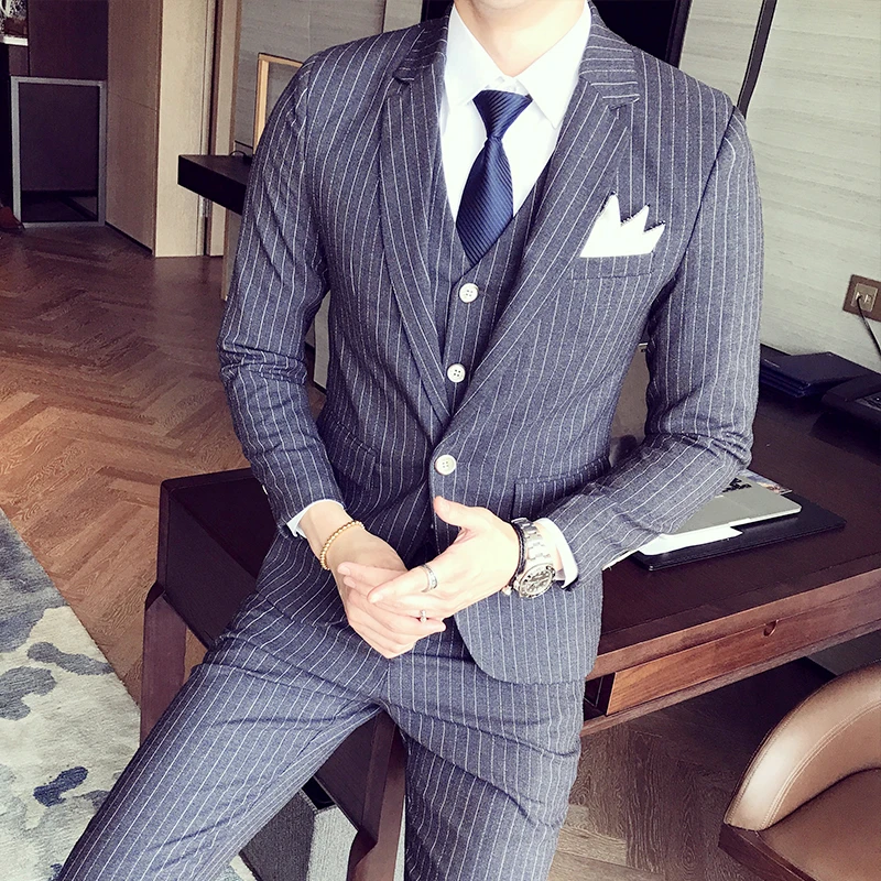 

custom Suit Suit Men's Stripe Suit Suit Korean version Slim Suit Three-piece Groom's Wedding Dress