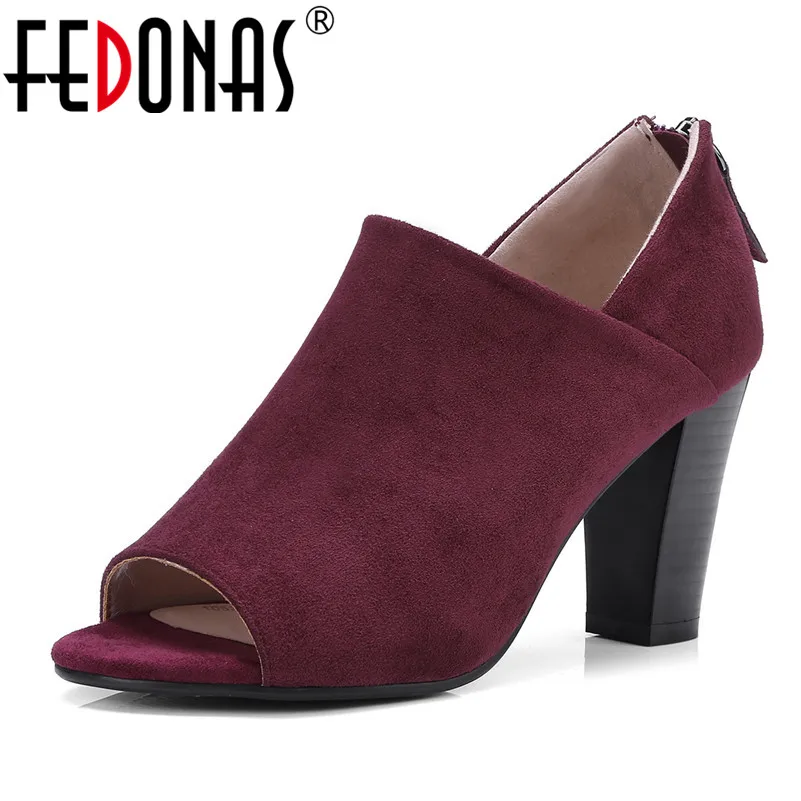 

FEDONAS 2018 New Women Pumps Square High Heel Flock Peep Toe Spring Autumn Elegant Shallow Ladies Shoes Woman Female Sandals
