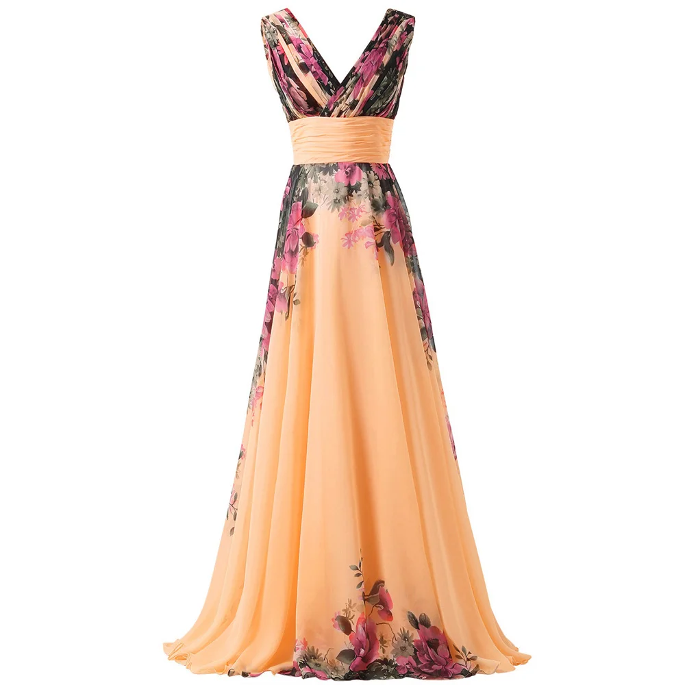 

GK Deep V-Neck dress elegant wedding party dresses Flower Pattern sleeveless backless satin Chiffon Dress 2~24W vestido de festa