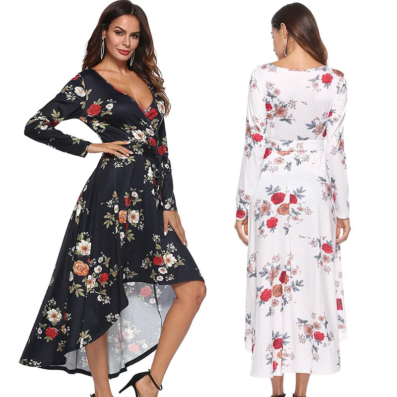 ShejoinSheenjoy Wrap V-Neck Long Sleeve Autumn Women Long Dress Winter Flower Print High Low Maxi Dresses With Sashes Bow (10)