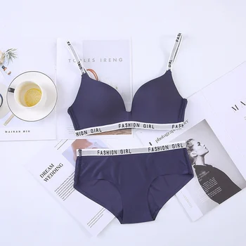 

Glossy Ladies Push Up Padded Bras Briefs Sets Women Letter Straps Bras Elastic Waist Panties Suits