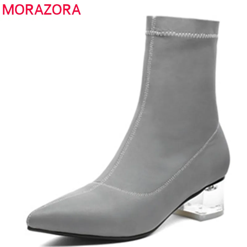 

MORAZORA 2019 new arrival Elastic socks boots pointed toe autumn boots solid colors sqaure heels shoes women ankle boots