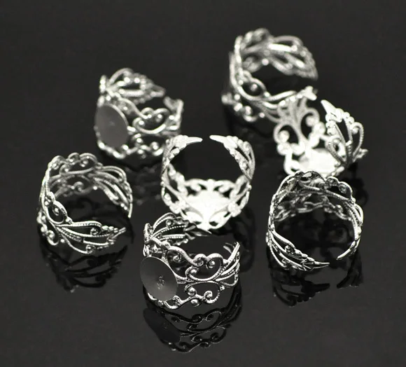 

Free shipping 20pcs Copper Plated Silver Adjustable Filigree Cabochon Ring Base Blank Settings US8 Jewelry Findings