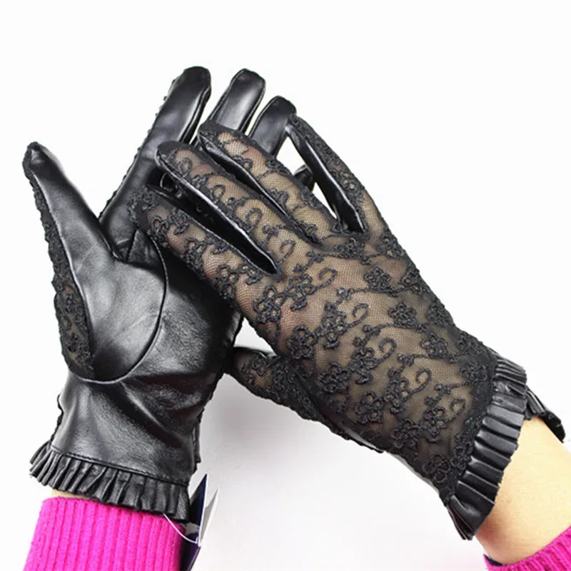 Eldiven Продвижение Настоящее для женщин Прихватки для мангала 2018 женские кожаные перчатки сенсорный экран вышивка кружево жатый овчины без